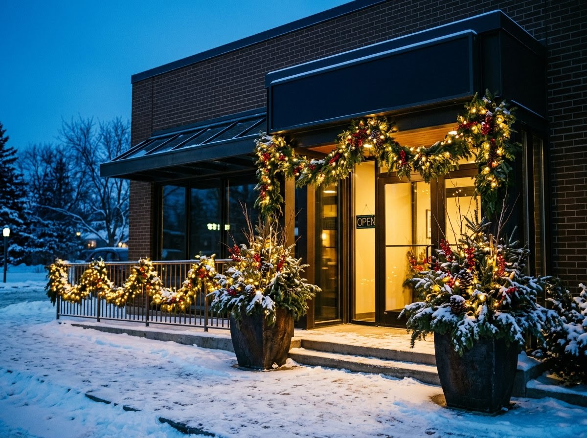 Lit garland and winter containers at a commercial building entry