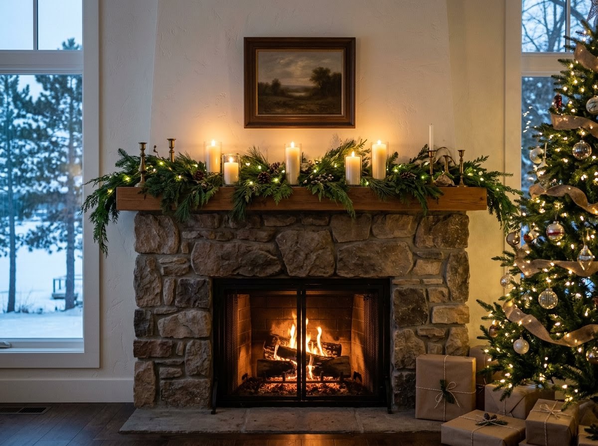 Interior mantel decorated with garland, lights, and candles