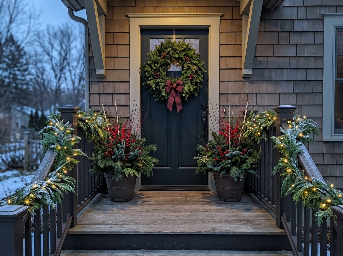 Fresh wreath, garland, and porch pots on a home entry